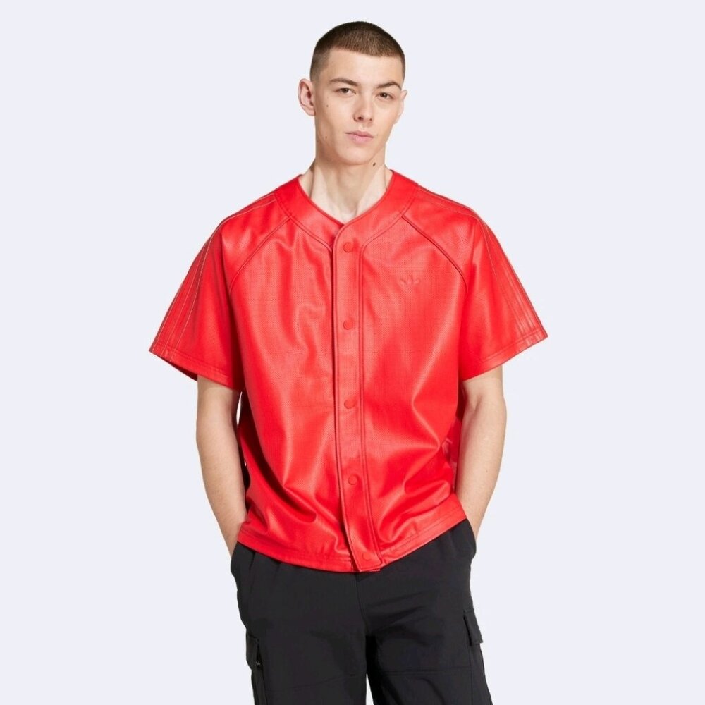 Adidas Originals Mens Faux Leather Baseball Jersey Large Scarlet Red JC8217